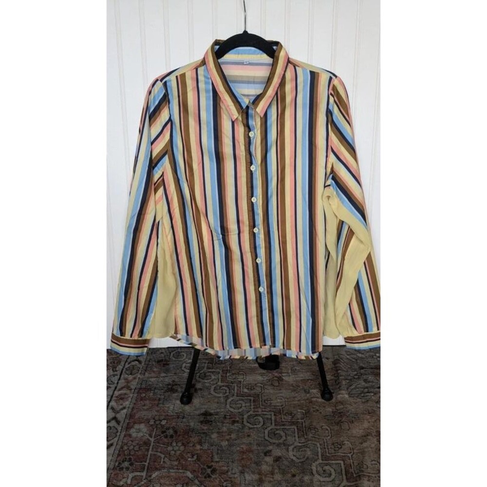 Yello Brown Blue Striped Button Down Women's Large Shirt